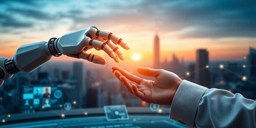 Robot hand, human hand, digital newsroom.