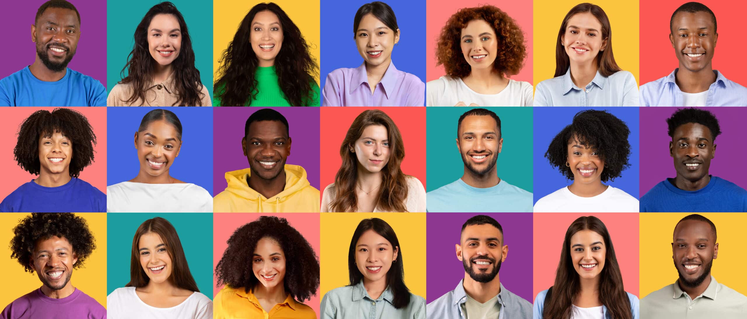 A grid of twenty people of diverse genders and ethnicities, all smiling, against colorful backgrounds—perfect for building an Irish brand that celebrates inclusivity in vibrant shades of blue, orange, yellow, pink, green, and purple.