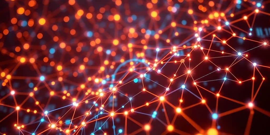 Abstract AI network processing glowing data streams.