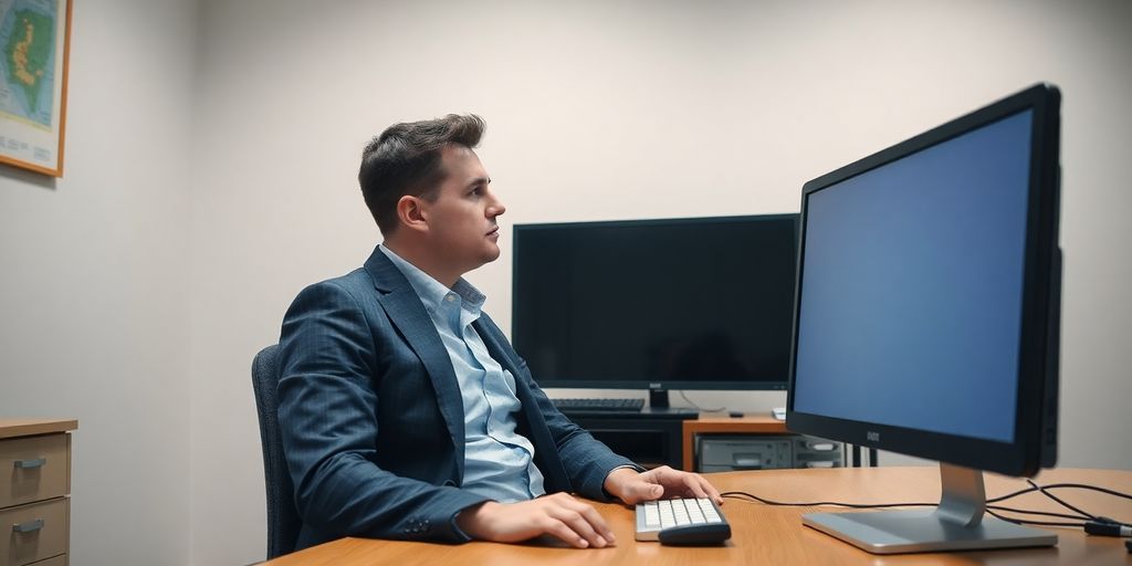 Irish financial advisor looking confused at a computer screen.