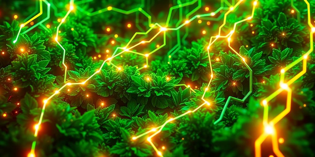 Futuristic digital landscape with glowing AI and green leaf elements.
