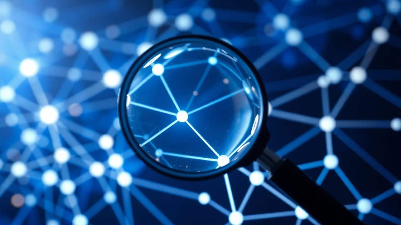 Magnifying glass examining glowing digital network connections.