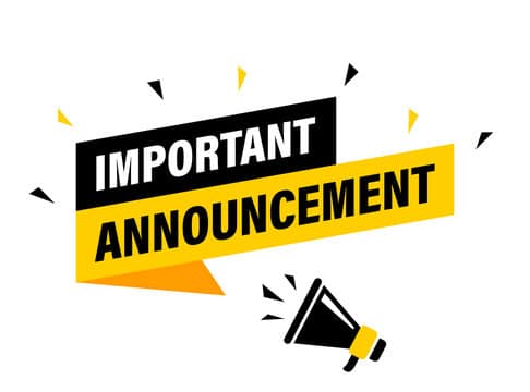 Graphic with the words IMPORTANT ANNOUNCEMENT in bold black and yellow text, surrounded by confetti shapes, a small black megaphone icon in the bottom corner, and a subtle nod to SWOT Digital Limited on a clean white background.