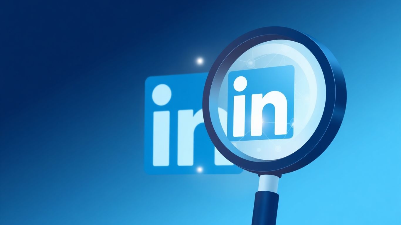 LinkedIn logo with magnifying glass highlighting connections.