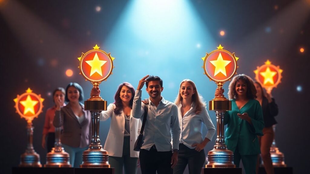 Award trophies and professionals celebrating industry recognition.