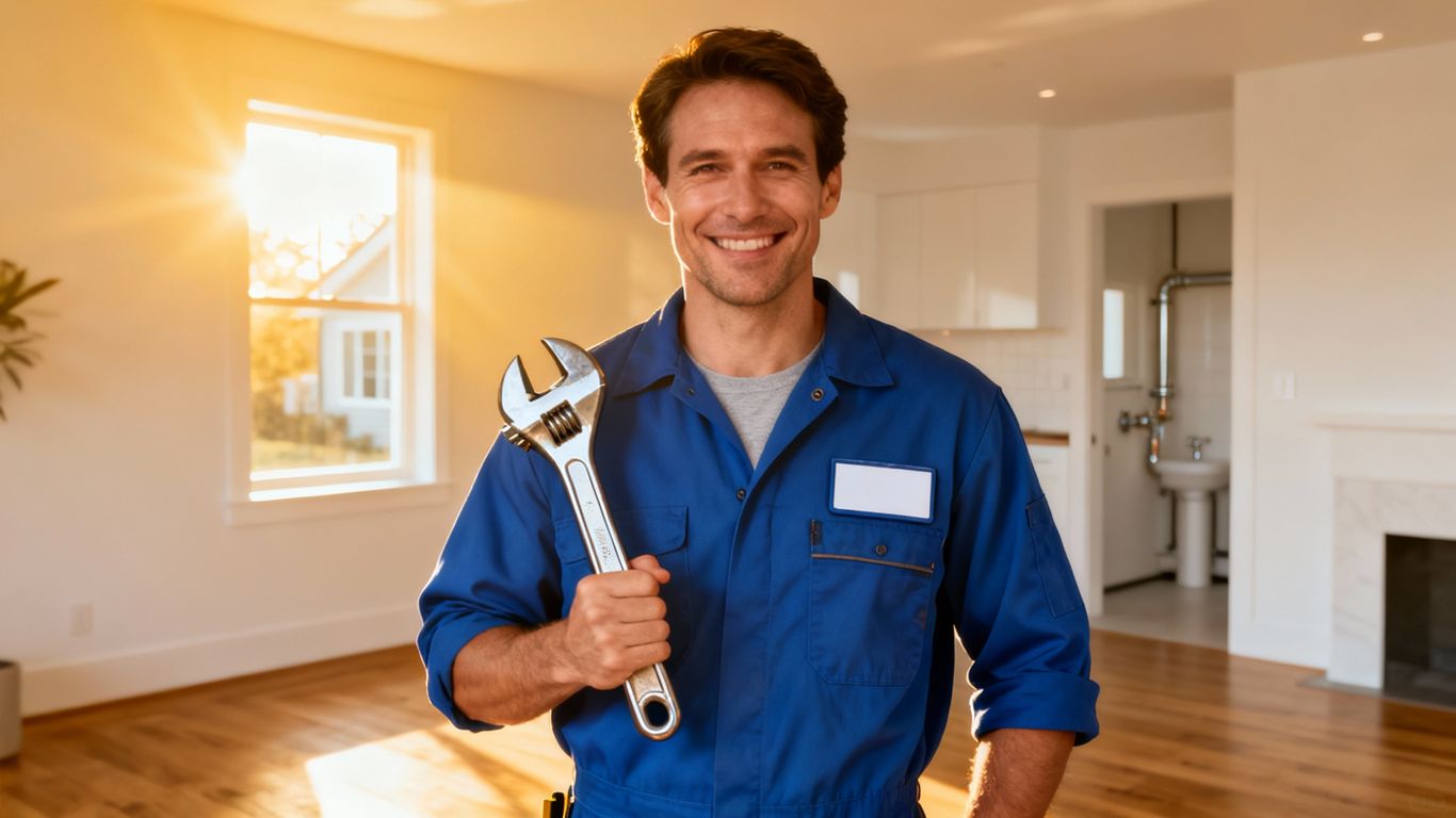 Plumber with wrench, ready for work.