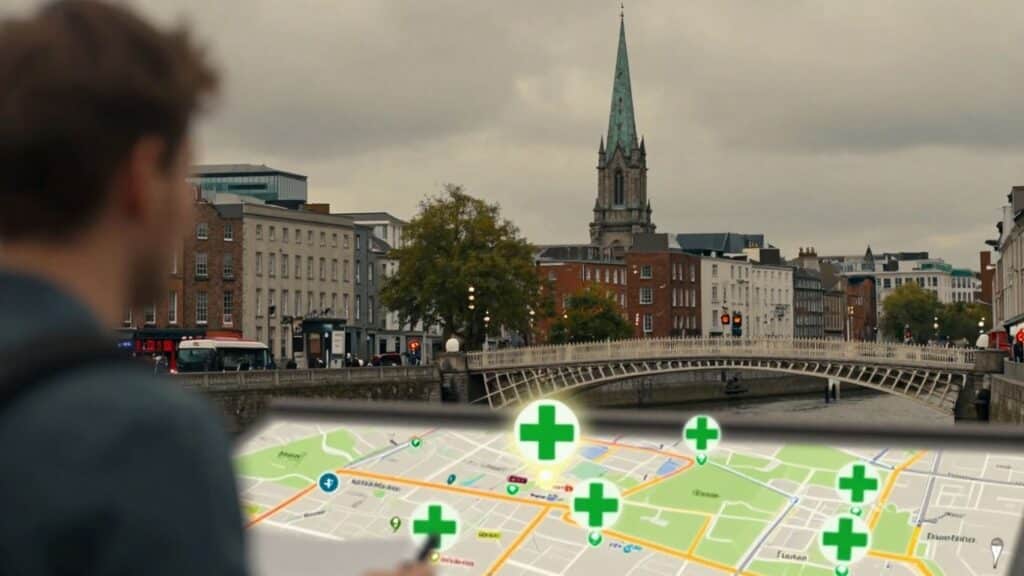 Dublin cityscape with medical cross icons.