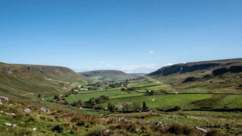 Irish landscape with connecting lines, indicating SEO growth.