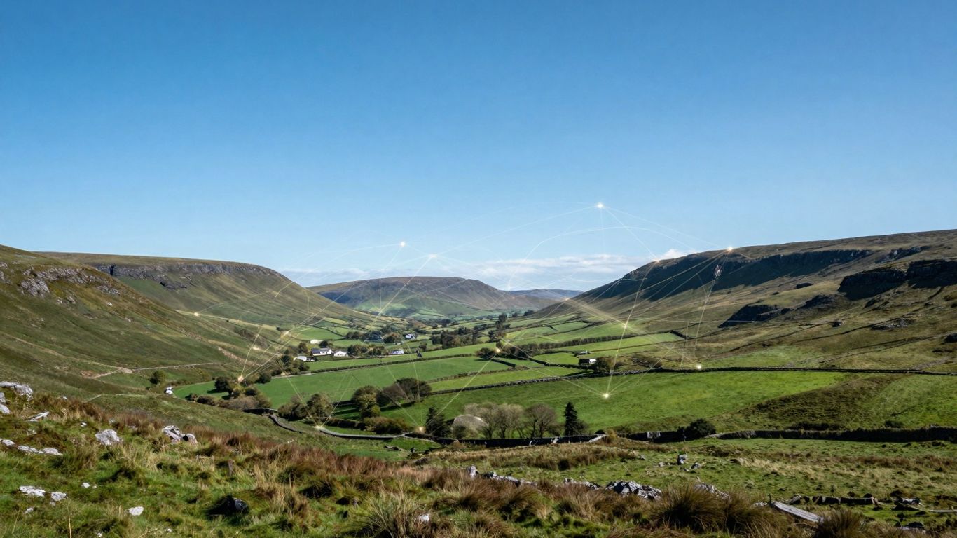 Irish landscape with connecting lines, indicating SEO growth.