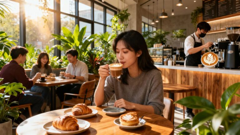 Modern cafe interior with happy customers enjoying coffee and food.