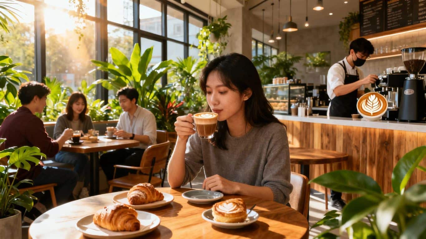 Modern cafe interior with happy customers enjoying coffee and food.