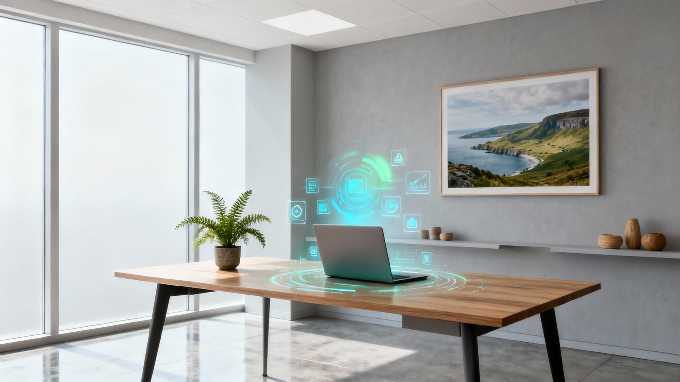 Irish business office with AI interface overlay