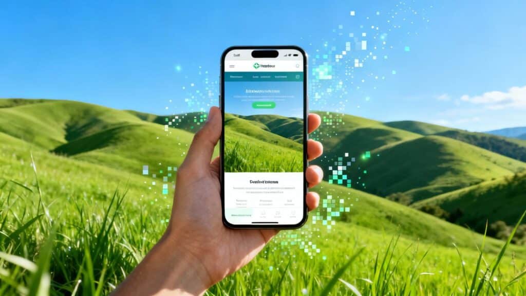 Smartphone displaying optimised website on Irish landscape.
