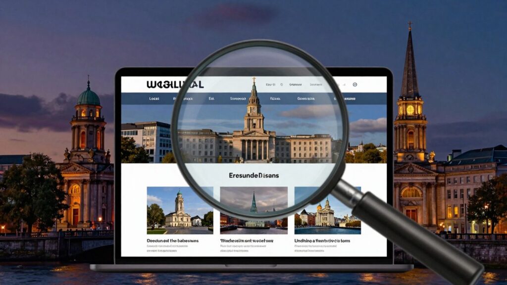 Dublin cityscape with website magnifying glass