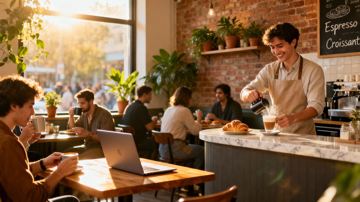 Café interior with customers and barista.
