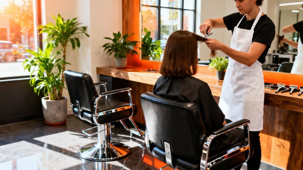 Professional hair stylist cutting a client's hair in a salon.