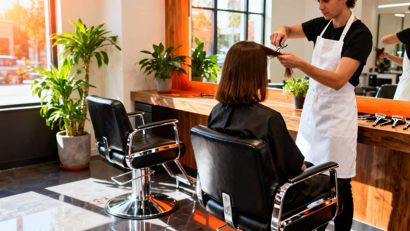 Professional hair stylist cutting a client's hair in a salon.