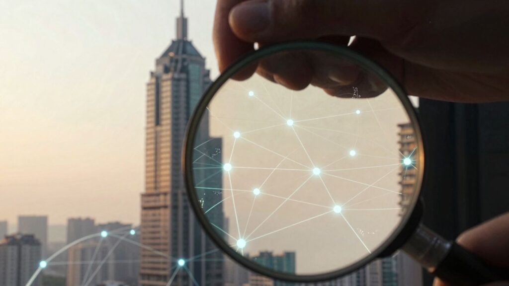 Futuristic cityscape with digital pathways and magnifying glass.