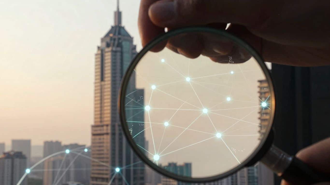 Futuristic cityscape with digital pathways and magnifying glass.