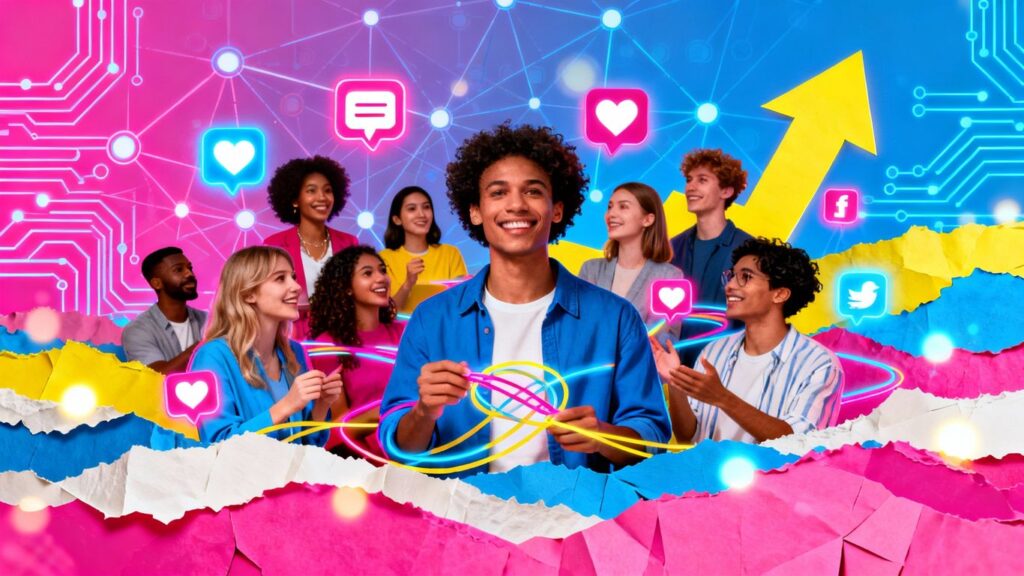 Influencers engaging with audiences, digital networks, growth icons.