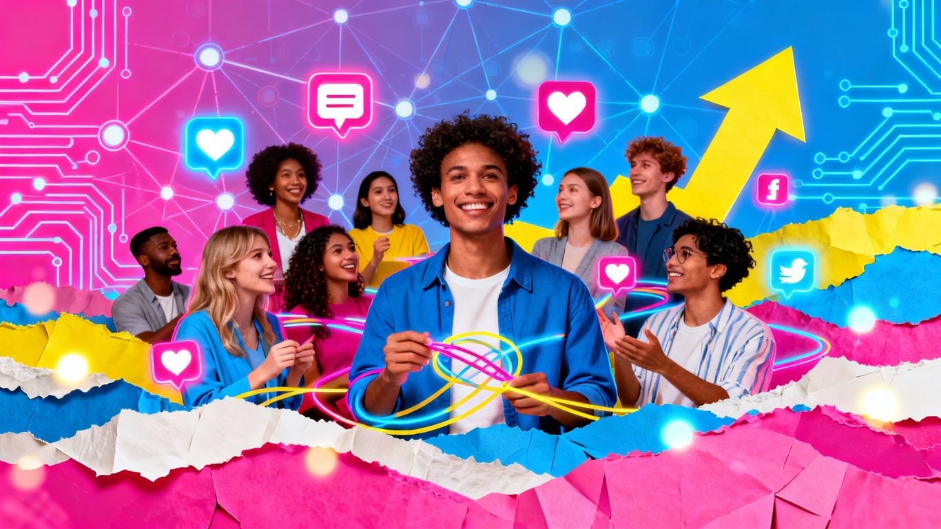 Influencers engaging with audiences, digital networks, growth icons.