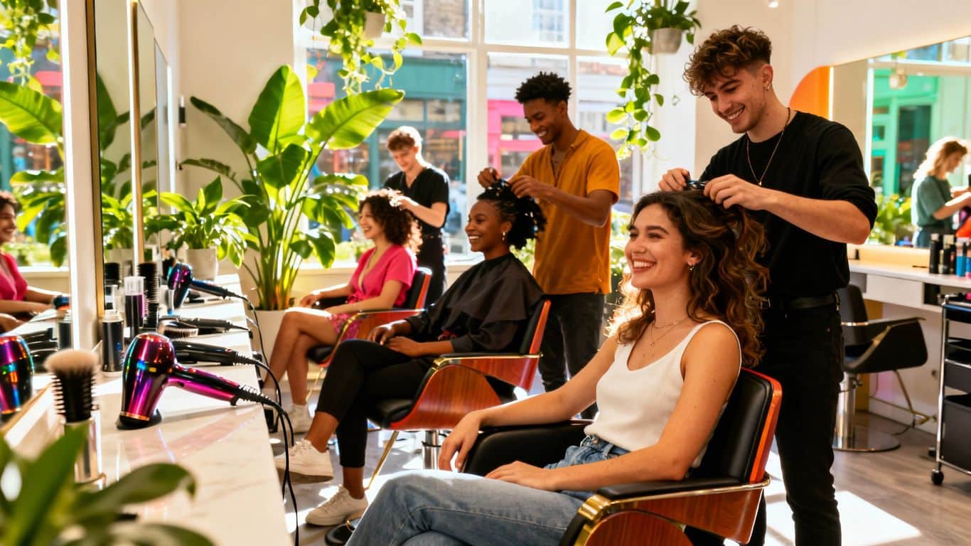 Stylish Irish hair salon with happy clients and stylists.
