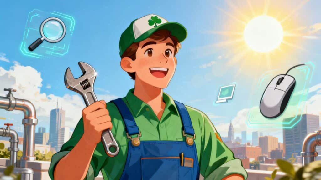 Irish plumber with wrench, digital marketing icons.