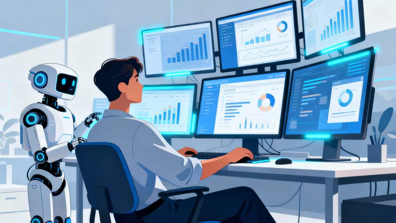 AI robot assisting a marketer with tasks.