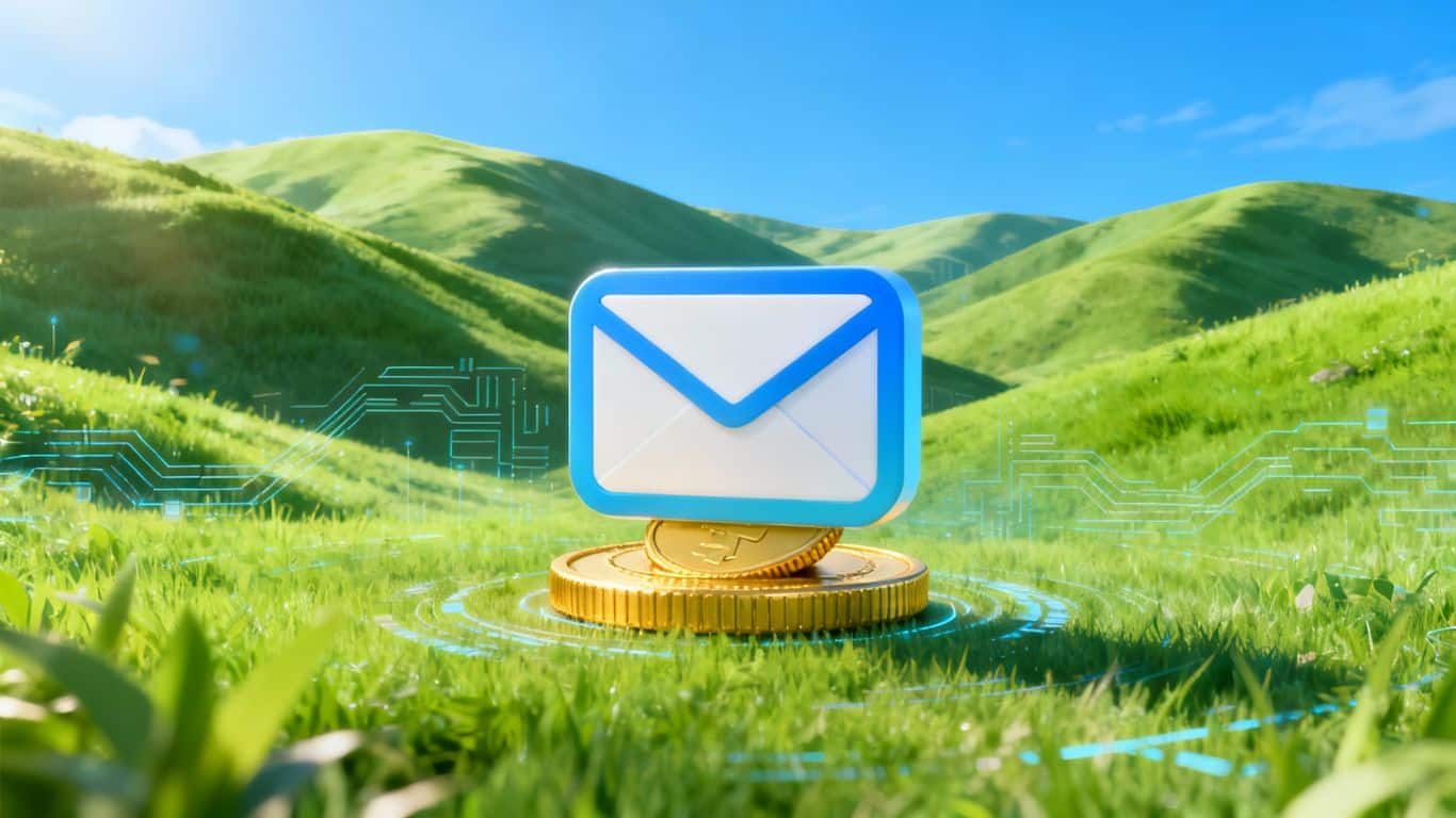 Irish landscape with email icon and golden coin.