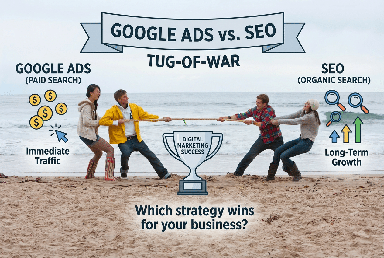 Four people play tug-of-war on a beach, illustrating Google Ads vs. SEO for building an Irish brand. The Google Ads side symbolizes immediate traffic, while the SEO side represents long-term growth. A trophy in the center reads Digital Marketing Success.