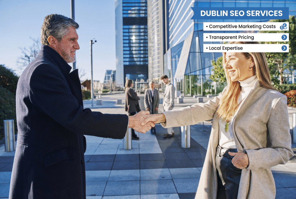 A man and woman in business attire shake hands outside modern office buildings, building an Irish brand. Three people are in the background. An overlay reads Dublin SEO Services with points on costs, pricing, and expertise.