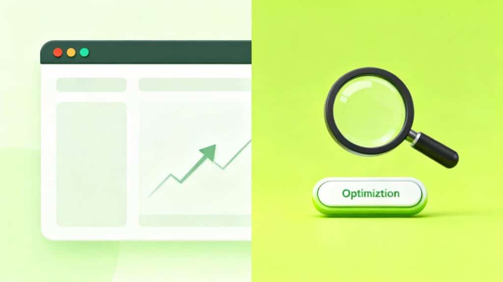 Website conversion optimization with magnifying glass and arrow.