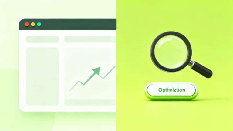 Website conversion optimization with magnifying glass and arrow.
