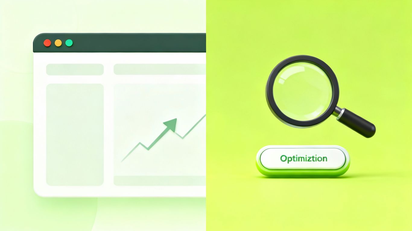 Website conversion optimization with magnifying glass and arrow.