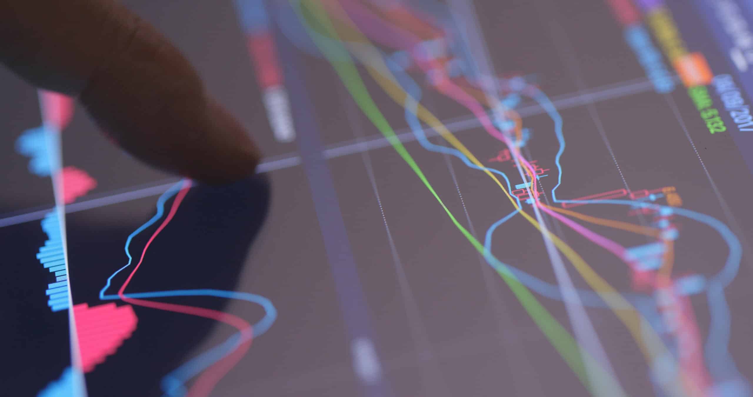 A close-up of a finger pointing at a digital tablet screen displaying colorful, overlapping financial graphs and charts, representing stock market data analysis—ideal for building an Irish brand focused on finance or analytics.