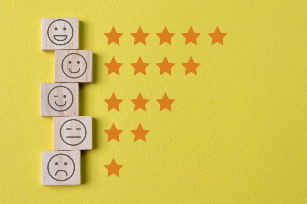 Wooden blocks with faces ranging from happy to sad are stacked vertically on the left. To the right, orange stars decrease from five to one, reflecting customer satisfaction—an important factor in building an Irish brand—on a yellow background.