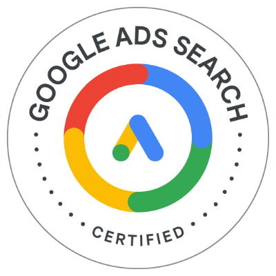 Circular badge with the Google Ads logo in the center, surrounded by the text Google Ads Search Certified. Ideal for showcasing your digital marketing agency’s expertise, the logo features red, yellow, blue, and green segments.