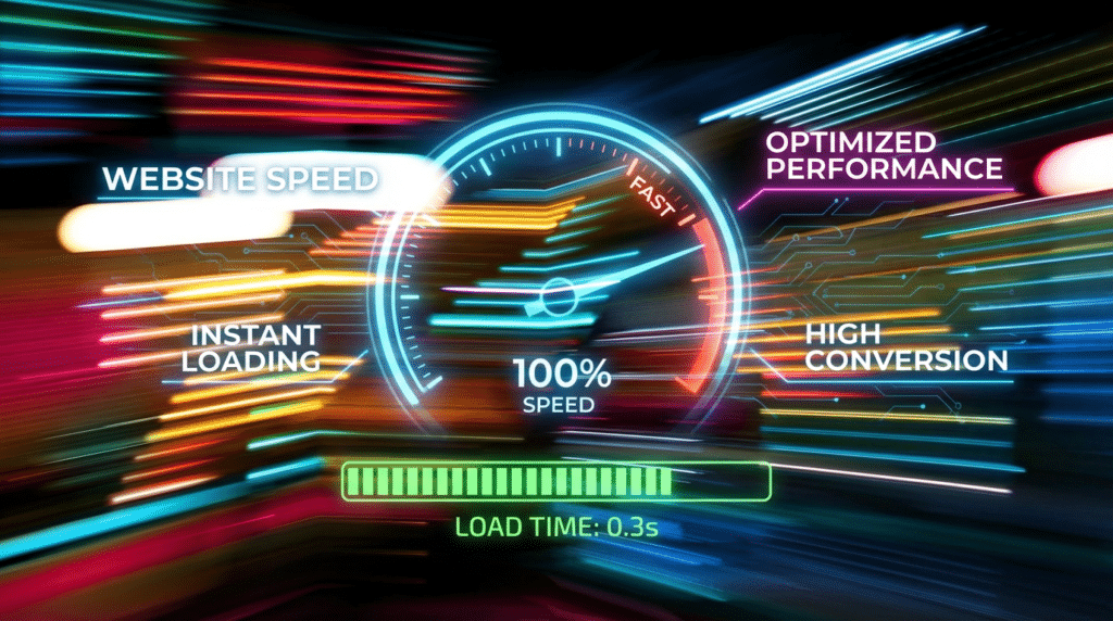 A digital speedometer graphic shows 100% speed with terms like Website Speed, Instant Loading, Optimized Performance, and High Conversion—perfect for building an Irish brand. A loading bar below reads Load Time: 0.3s with colorful, blurred light trails.