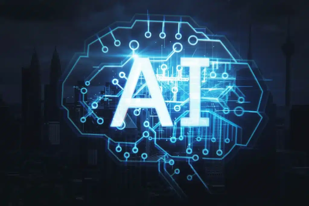 A glowing digital brain outline with circuitry patterns and the large letters AI in the center, set against a dark city skyline—symbolizing innovation and building an Irish brand in the world of technology.