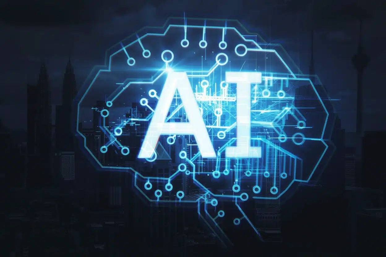 A glowing digital brain outline with circuitry patterns and the large letters AI in the center, set against a dark city skyline—symbolizing innovation and building an Irish brand in the world of technology.