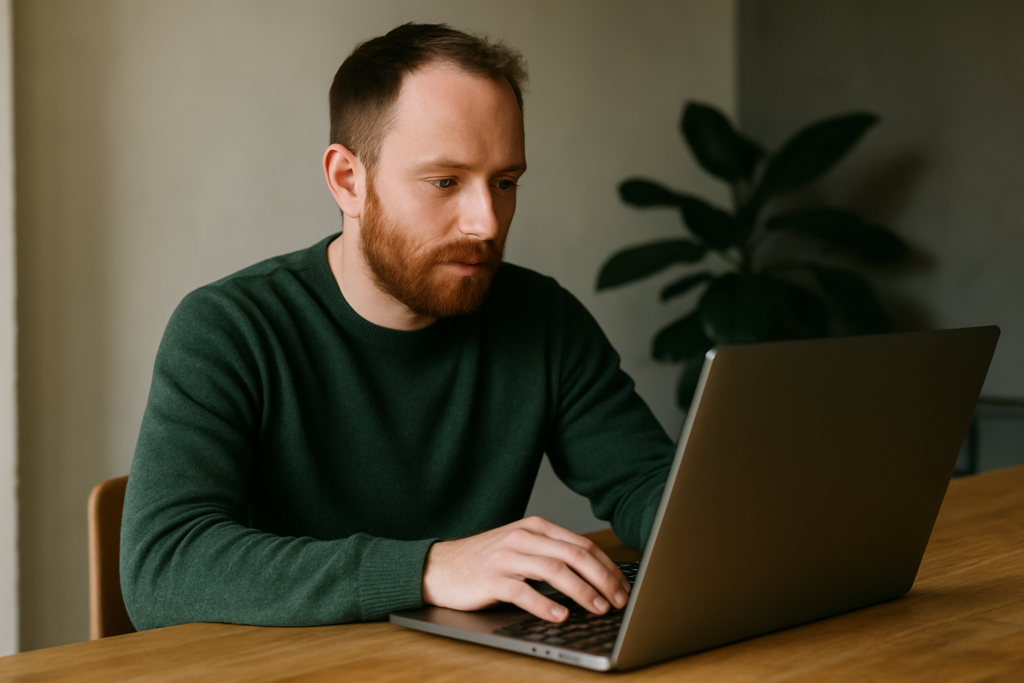 A man with a beard, wearing a green sweater, sits at a wooden table working on a laptop. There is a green plant in the background against a light-colored wall.