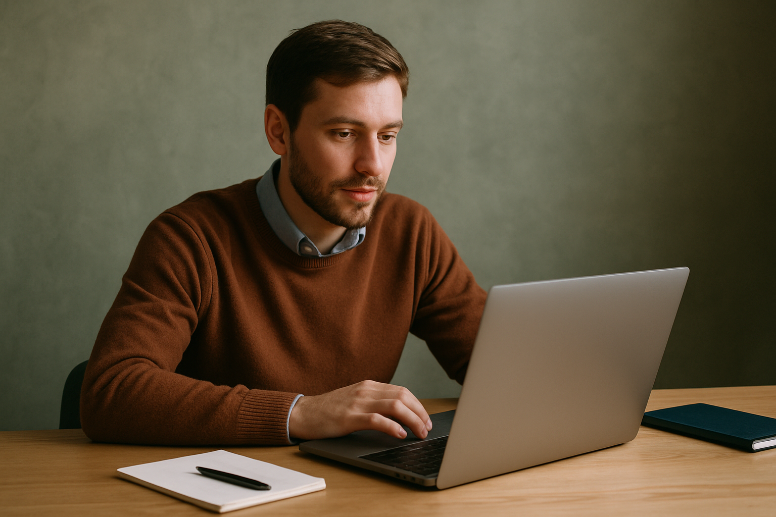 A man with a beard wearing a brown sweater sits at a desk, working on a laptop. A notebook with a pen and a closed book are also on the desk. The background is plain and greenish.