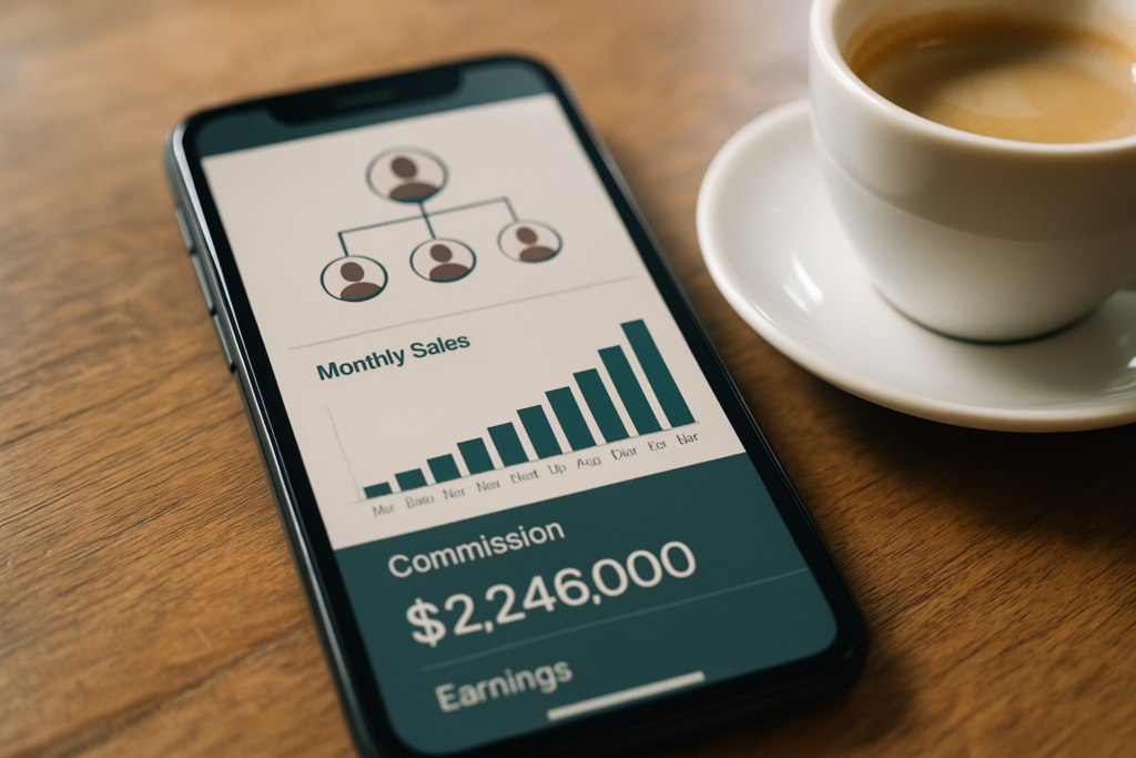 A smartphone displaying a sales dashboard with a bar graph of monthly sales, a commission amount of $2,246,000, and an organizational chart, next to a white cup of coffee on a wooden table.