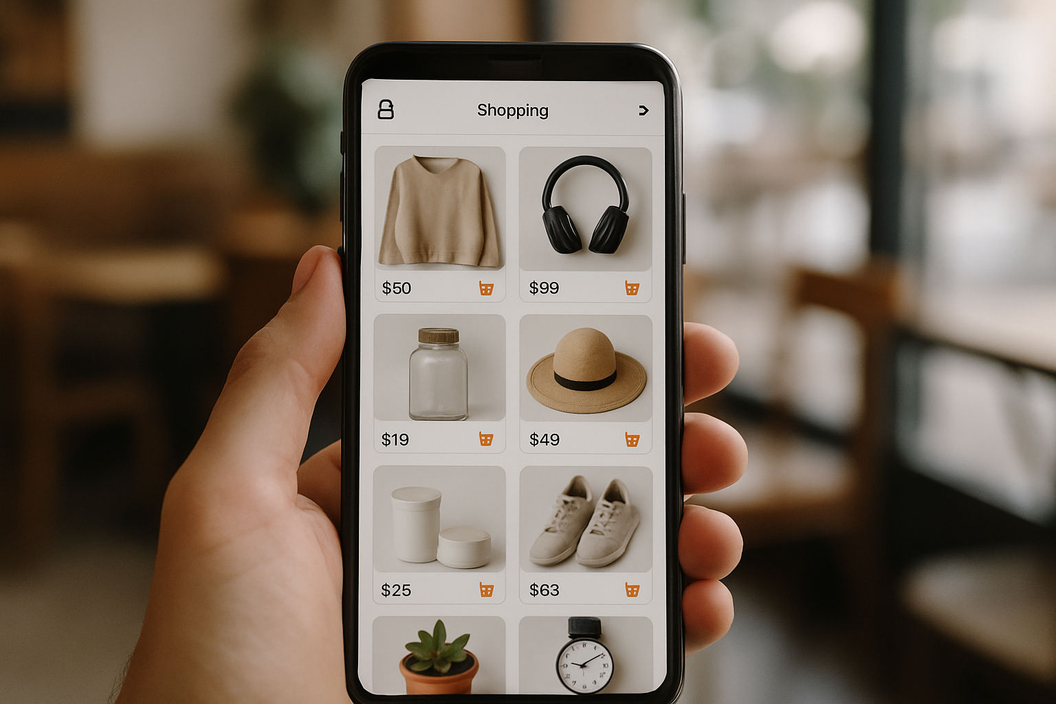 Smartphone screen displaying the TikTok Shop tab with a grid of product listings and an orange shopping basket icon