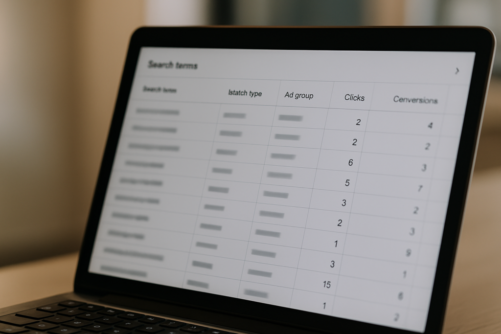 A laptop screen displays a spreadsheet with columns labeled Search terms, Match type, Ad group, Clicks, and Conversions. Some data is blurred, but numbers are visible in the Clicks and Conversions columns.