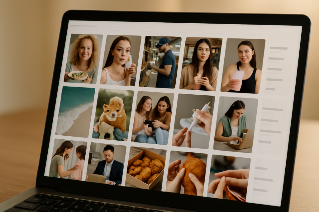 A laptop screen displays a grid of photos, including women eating, people using smartphones, a dog on the beach, friends with a tablet, close-ups of food, and a person applying lotion to their hands.