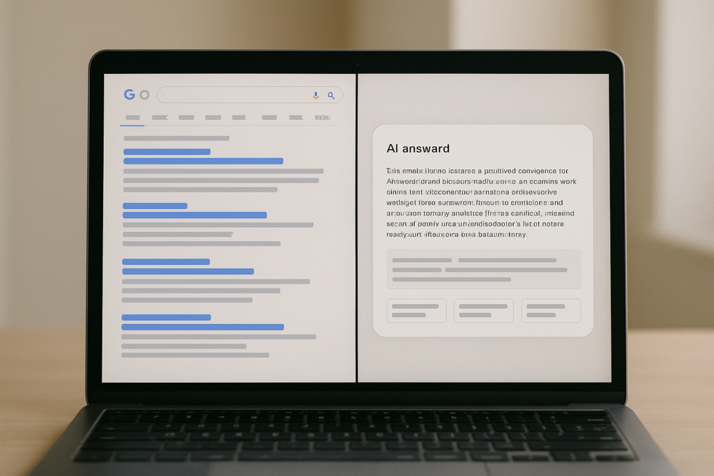 A laptop screen shows a web search page. The left side displays a list of search results, and the right side features a highlighted AI-generated answer with placeholder text.