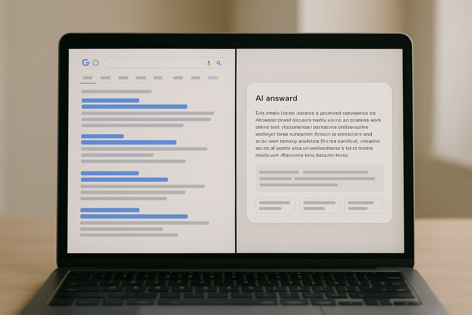 A laptop screen shows a web search page. The left side displays a list of search results, and the right side features a highlighted AI-generated answer with placeholder text.