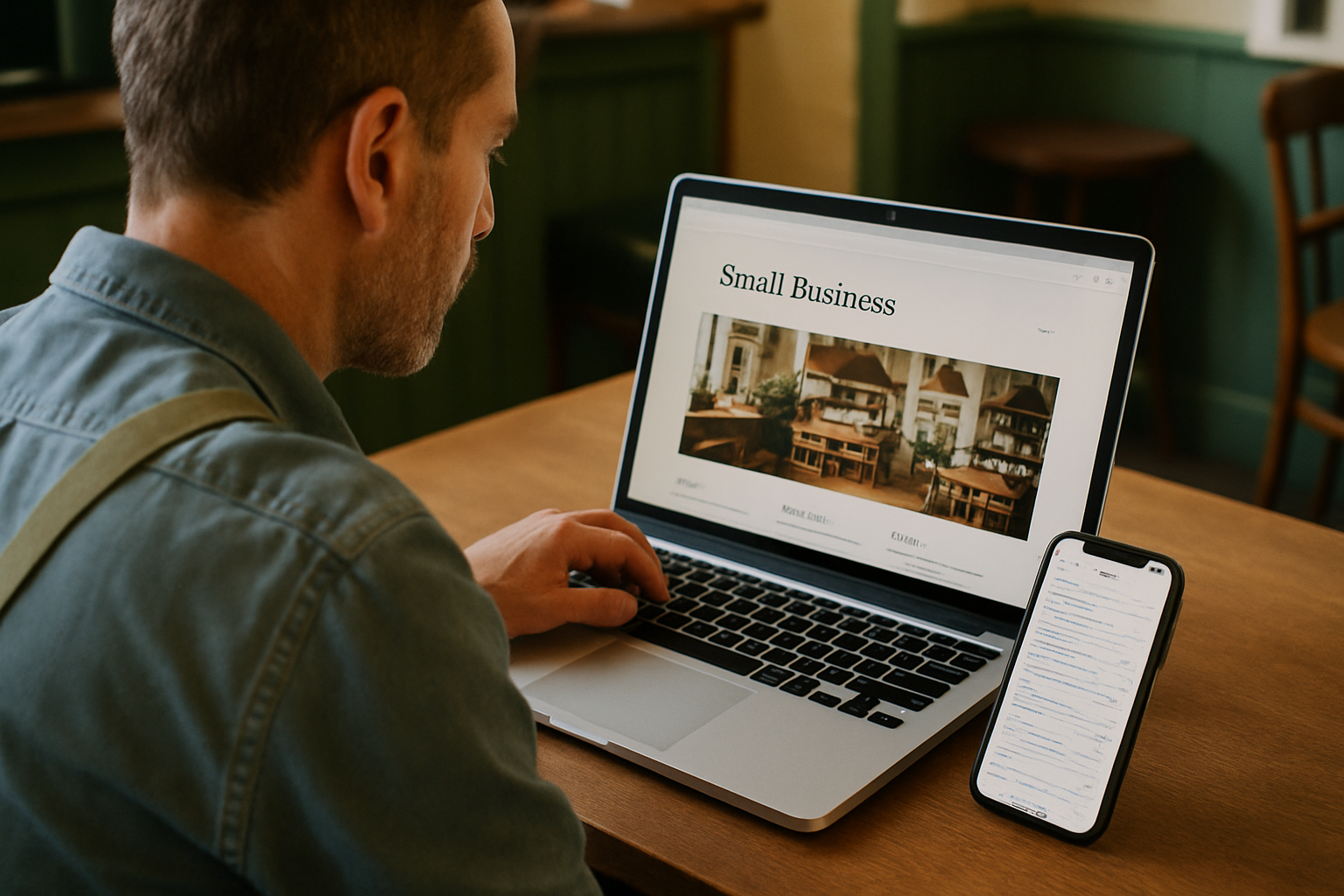 Irish small business owner reviewing their brand presence across a laptop and phone showing a website and Google search result