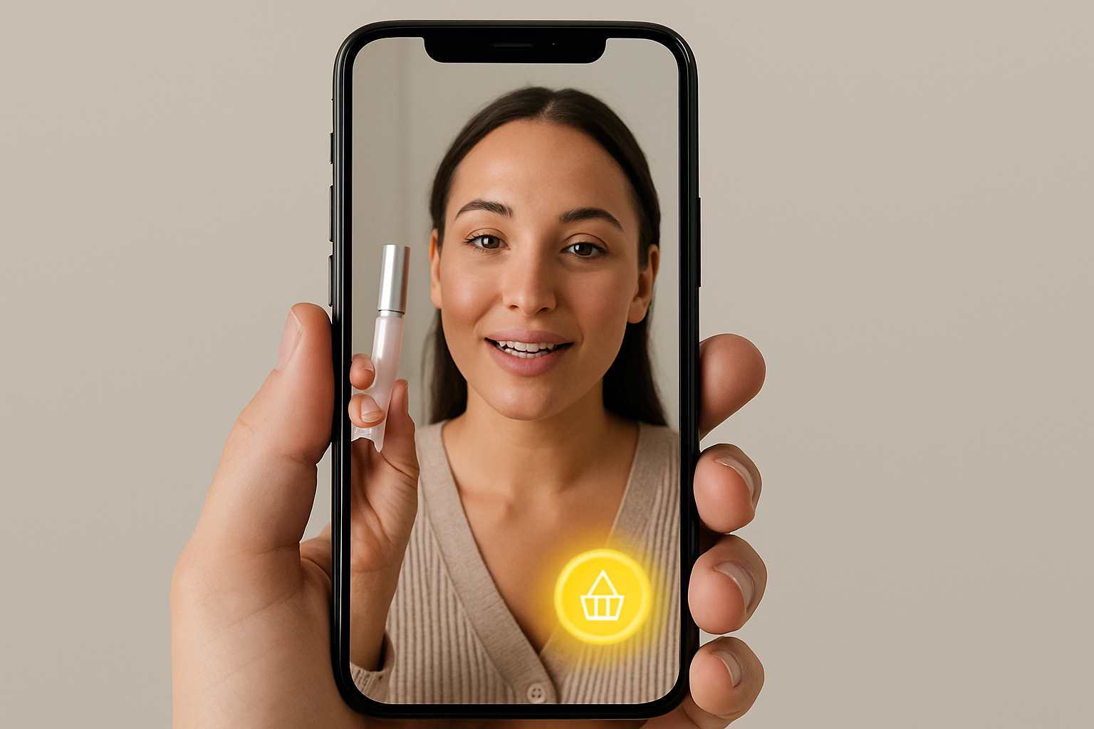 Annotated illustration of a shoppable TikTok video with a product pin and yellow basket icon highlighted in the corner